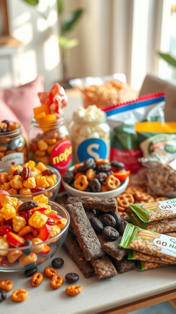 A vibrant assortment of snacks including nuts, dried fruits, popcorn, and granola bars on a wooden table.